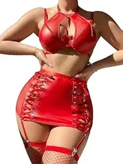[Generic] Sexy Halter 4 Piece Outfits Underwire Leather Mesh Sheer Mini Skirt Stocking Lingerie Set