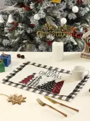 Set of 4 Christmas Placemats, Black White Plaid Christmas Tree