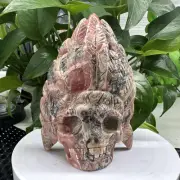 345g Natural Rhodochrosite Quartz Hand Carved Skull Crystal Energy Reiki Decor