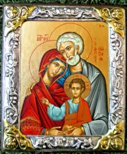 SILVER-GILT OKLAD STANDING ICON "HOLY FAMILY", "СВЯТОЕ СЕМЕЙСТВО", BLESSED...