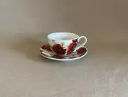 2 1/2” Oz. Red Flowers Mini Teacup & Saucer Set, Cup: 1 3/4”-Saucer: 4 1/4”, New