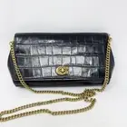 Coach Alexa Turnlock Black Croc Embossed Leather Shoulder Bag Gold Chain Strap