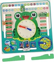 GALPADA Learning Aid Frog-Shaped Wooden Clock Calendar for Boys and Girls' Education