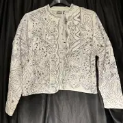 Chico's White Blue Eyelet Hem Long Sleeve Jacket SIZE 3 XL 16/18 Diamond Stitch