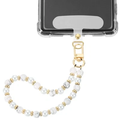 Phone Wrist Strap, Pearl Beaded Phone Charm with Tether Tab, Silver & White