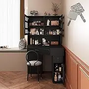 Black Corner Dressing Table with Mirror & Chair,Makeup Vanity Table with 2 Cabinet & Shelf & Handheld Mirror,French(70cm)