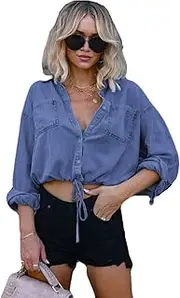 [Generic] Women's Denim Shirt 3/4 Sleeve Tie Front Top Knot Cardigan Button Shirt Crop Top Jacket