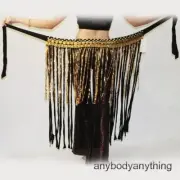 Belly Dance Vintage Tribal Sequins Long Fringe Hip Scarf Belt Wrap Black(gold)