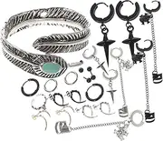 [Healvian] 11 Pairs Stainless Steel Ear Cuff Earrings Set Gothic Cross Geometric Clip Design Unisex Fashion Jewelry for Halloween Daily Wear