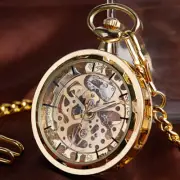 Golden Style Mechanical Pocket Watch Steampunk Skeleton Fob Chain for Men Women