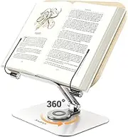 Amasrich Book Stand for Reading, Adjustable Holder with 360° Rotating Base & Page Clips, Foldable Desktop Ricer for Cookbook,Sheet Music,Laptop,Recipe,Textbook,Hands Free,Wood,Aluminium