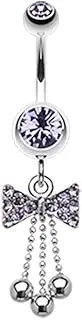 [Pierced Owl] 14GA Stainless Steel CZ Crystal Bow with Dangling Chains Belly Button Ring