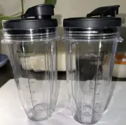 NUTRI NINJA Blender 24oz Clear Cups + Black Sipping Lids 2 Pack To-Go Cups
