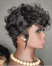 Human Hair Wig Black full bang Curly 6" wig