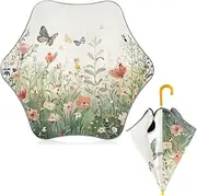 [ODAWA] Kids Umbrella Wildflowers and Butterflies J Handle Golf Stick Umbrella, Uv Umbrellas for Sun Protection