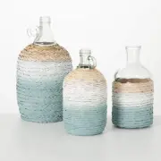 Woven Glass Bottle Set of 3 Bottles Boho Beach Coastal Cottage Decor