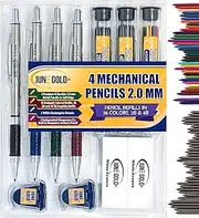 June Gold 4 Premium 2.0 mm 2B Mechanical Pencils, 36 2B Lead Refills & 36 Unique Colored Lead Refills Included, Built in Sharpeners, 2 Smudge Resistant Erasers, Soft Non-Slip Grip