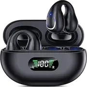 Open Ear Clip Wireless Earbuds Bluetooth 5.3, Sports Earphones Built-in Microphone with Earhooks & Ear Hook, Wireless Charging Case & Display, Waterproof Fitness Headphones for Running (Black)