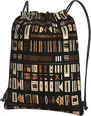 EdWal African Mud Cloth Tribal Print Drawstring Backpack Gym Bags Sports Bags With Zipper Pocket For Travel Beach, Black, One Size