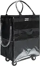 TOJNMAKE Reusable Grocery Bag with Wheels (Large, Black), Shopping Trolley with 8 Pockets and Zipper Cover Foldable Rolling Tote for Women, Kitchen, Travel, Carries Up to 66LBS