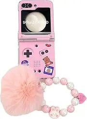 [eglixu] Samsung Galaxy Z Flip 5 Case, Cute Cartoon Design for Galaxy Z Flip 5 Candy Colors Phone Case Cover with Pearl Plush Wristband (Pink Chain)