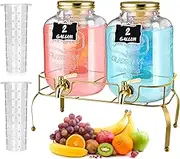 Lallisa 2 Pcs 2 Gallon Glass Drink Dispenser with Stand Ice Cylinder Hanging Chalkboard Signs 18/8 Stainless Steel Spigot Beverage Dispensers for Parties Mason Jar Drink Lemonade (Gold)
