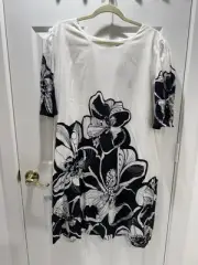 Chico’s Midi Dress Smocked Puff Sleeve Batik Black With Zipper Size 4 (XXL)