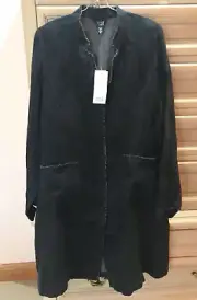 NWT New Eileen Fisher Black Irish Linen Standard Collar Long Jacket M MSRP $298