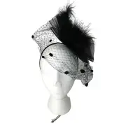 Black Fascinator Hat Feather Veil Flower Headband Or Pin Birdcage Fishnet Chic