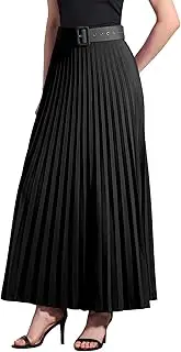 [Allegra K] Long Pleated Skirt for Women's Elastic High Waist with Belt Swing A-line Work Maxi Skirt