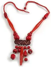 [Avalaya] Tribal Wood/Ceramic Beaded Necklace, Cotton Cord in Cherry Red/Brown - 60cm Long/ 10cm Long Front Drop