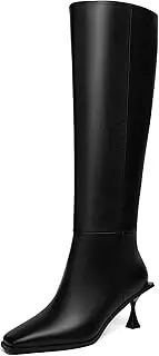 [Vertundy] Womens Kitten Heel Boots Square Toe Low Heel Leather Knee High Boots