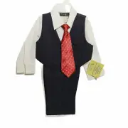 Fouger Boys Vest Set Black Stripe Formal Red Tie White Long Sleeve Shirt 12M NWT
