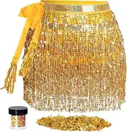[SUMERSHA] Sequin Tassel Skirt Belly Dance Hip Scarf Wrap with Glitter Sequins Sparkly Fringe Skirt Rave Festival Halloween Outfit