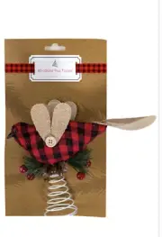 WOODLAND RED PLAID BIRD W/ PINECONES TREE TOPPER
