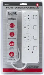 4 Way Outlet SURGE PROTECTOR Power Board w/ INDIVIDUAL SWITCHES 1 METER 240V SAA