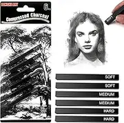 6 Pack Square Compressed Charcoal Pencils for Artists - Soft/Medium/Hard (2 Each) - Professional Sketching & Shading Sticks for Drawing, Charcoal Art, DIY Crafts - Ideal for Beginners & Professionals