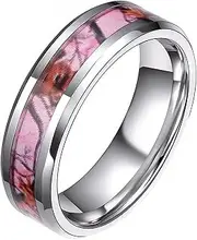 [Mulmoy] 6 mm Romantic Pink Camo Titanium Ring for Women Camouflage Style Wedding Band Girlfriend Jewelry