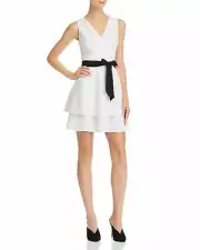$217 Aqua Women'S White Black Tie-Front Tiered Crossover Surplice-Neck Dress S