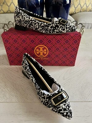 NIB $358 Tory Burch GEORGIA Black White / Perfect Black POINTED TOE FLAT