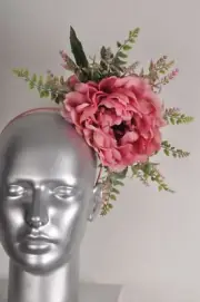 Large Pink Peach Rose Peony Fern Floral Fascinator Headband Raceday