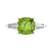 3.5ct Cushion 3 stone Real Peridot Promise Bridal Wedding Ring 14k White Gold