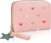 [Teaaha] Pink Purse Heart Women Wallet Cute Zipper Around Girls Wallet, RFID Credit Card Holder Purse with Heart-Embroidery Star Tassels Pendant for Ladies Aesthetic Leather Card Holder Wallets, Pink, 4.33 ×
