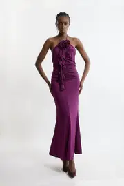 Backless Tie Rosette Slinky Jersey Maxi Dress