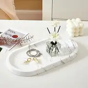 Denique Luxury Marble Bathroom Tray, 12" Vanity Tray Oval Decorative Tray, Countertop Organizer for Perfume & Candles, Jewelry Dish Ring Holder for Bathroom Counter, Vanity, Dresser (Marble White)
