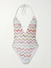 [Missoni] Missoni - Striped Metallic Crochet-knit Halterneck Swimsuit - White - IT42 IT 42 White