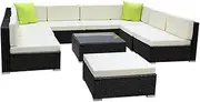 Gardeon Outdoor Sofa 9 Seater Wicker Lounge Setting Table and Chairs, Patio Furniture Rattan Modular Set Garden Deck Backyard Aluminum, Weather-Resistant Cushions Glass Tabletop Black