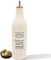 HOMCDALY Ceramic Olive Oil Dispenser for Kitchen, Stoneware 16oz Oil Cruet and Vinegar Bottles Dispenser, Kitchen Dispenser Bottle for EVOO Vinegar Syrups, Modern Farmhouse Design(W-O)