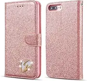QLTYPRI iPhone 7 Plus Case iPhone 8 Plus Case Wallet Case Bling Shiny Glitter Flip Folio Case Full-Body Protective Cover Card Slots Magnetic Closure Kickstand Wrist Strap for Women Girls - Rose Gold