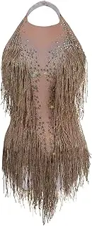 [YUANTONG] Gold Sparkly Rhinestone Bodysuit For Women Fringe Top Dance Leotard Drag Queen Costumes Outfit, Gold, One size